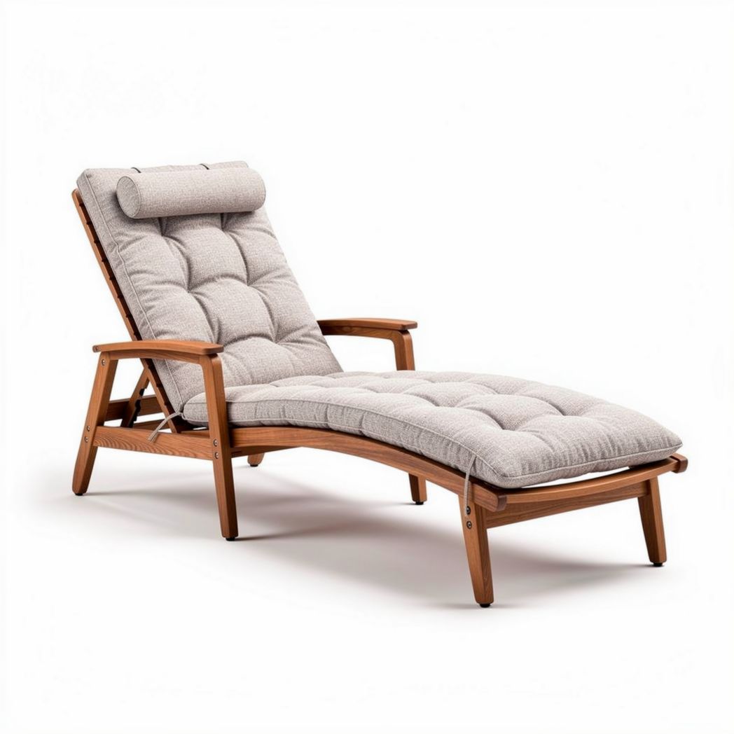 Chaise longue en bois avec coussin rembourré en tissu naturel 160 x 70 x 85cm