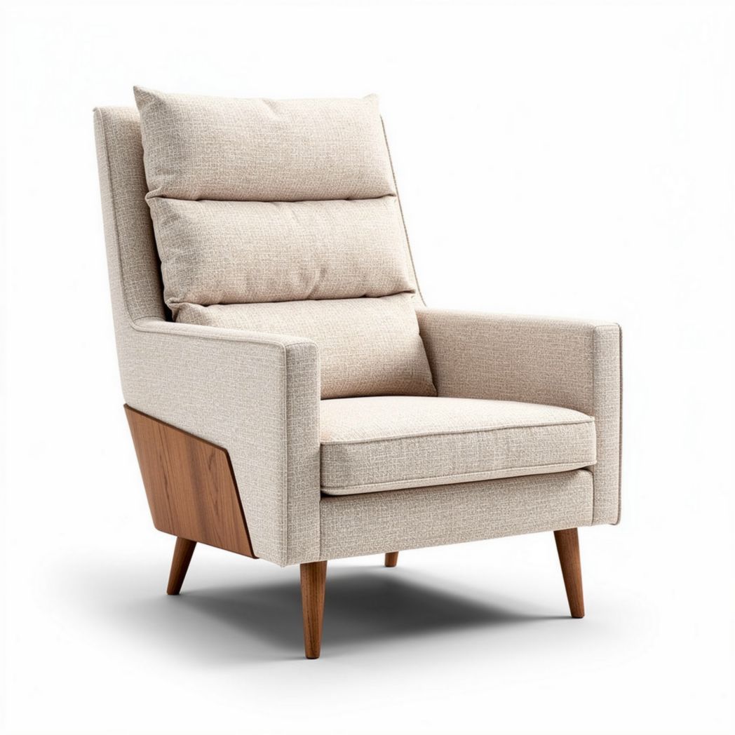 Fauteuil en tissu beige avec accoudoirs en bois et dimensions 80 x 80 x 100cm